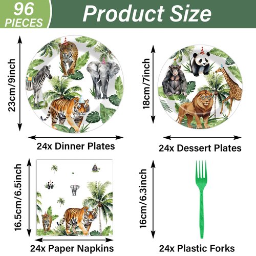 Justforjoyful 96Pcs Wild Animals Party Supplies Jungle Paper Plates Napkins Safari Theme Party Tableware Set Safari Zoo Dinnerware for Girl Birthday Party Baby Shower Decoration Serve 24
