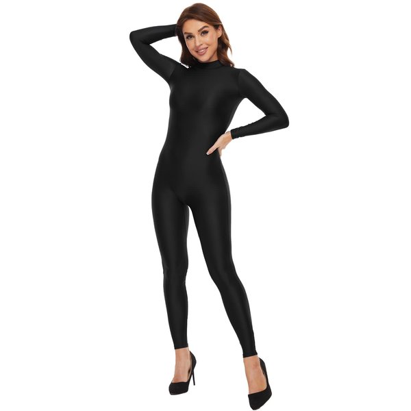 Kepblom Womens Turtleneck Long Sleeve Dance Unitard One Piece Full Bodysuit Costumes（Black,Small