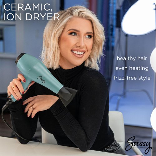 Sassy Ceramic Ion Hair Dryer, 1875-Watt Salon Dryer with Concentrator and Diffuser, Multiple Heat Settings and Cool Shot (Aqua)