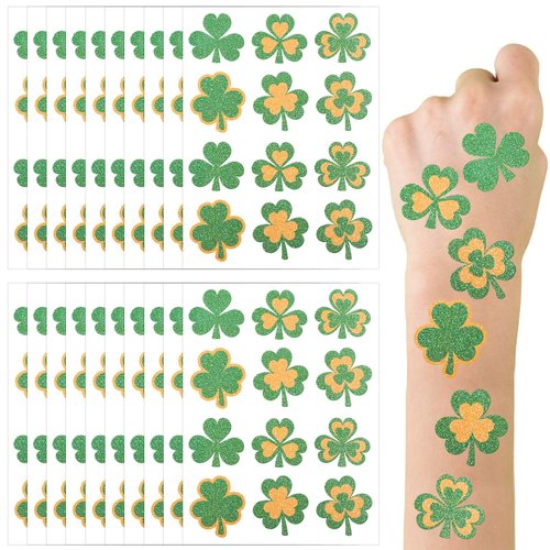 240pcs Shamrock Tattoos Temporary, Glitter St Patrick's Day Tattoo Lucky Clover Sticker for Face Irish Holiday Party Favors Parade Decoration for Kids Adult
