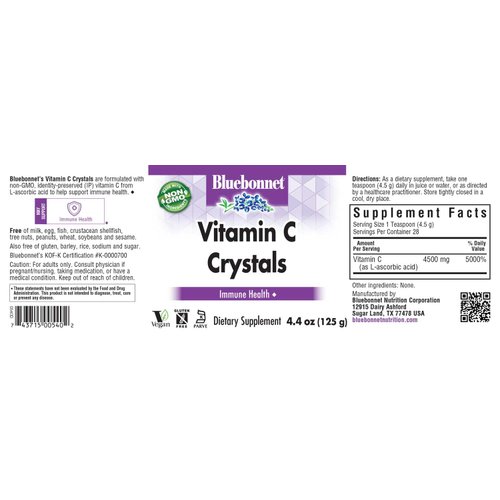 Bluebonnet Nutrition Vitamin C Crystals, for Immune Health, for Antioxidant Protection, Soy Free, Gluten Free, Non-GMO, Kosher, Dairy Free, Vegan, Powder, 4.4 oz (125 g)