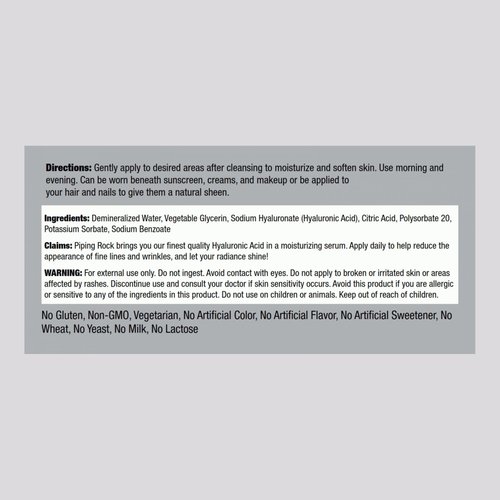 Piping Rock Hyaluronic Acid Serum for Face | 1 fl oz | Moisturizer for Skin and Body | Cruelty Free