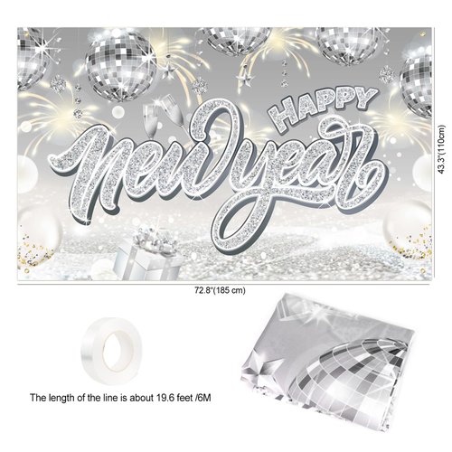 HOWAF New Years Decorations 2025 Happy New Year Decorations, Silver New Years Backdrop 2025 Happy New Year Banner Foil Fringe Curtains Tnsel Backdrop 2025 Balloons for NYE Decorations 2025