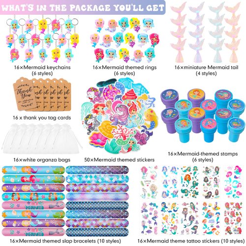 178 Pcs Birthday Party Supplies Dinosaur Party Favors Mermaid Party Favors for 16 Kids with Keychain Sticker Slap Bracelet Tattoo Sticker Gift Bag Tags for Party Carnival Gift Bag Fillers(Mermaid)