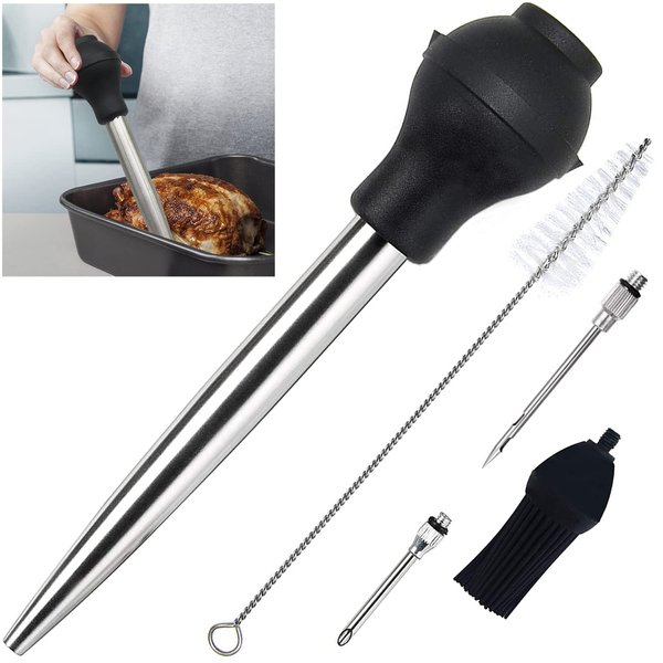 KAYCROWN Stainless Steel Turkey Baster Commercial Grade Quality Silicone Bulb Including 2 Marinade Injector Needles And Basting Brush