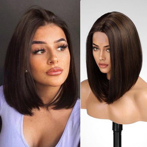 KOME Brown Highlight Short Bob Wigs,Brown Straight Shoulder Length Wigs for Women,Middle Part Heat Resistant Fibre Synthetic Wig Daily Use…