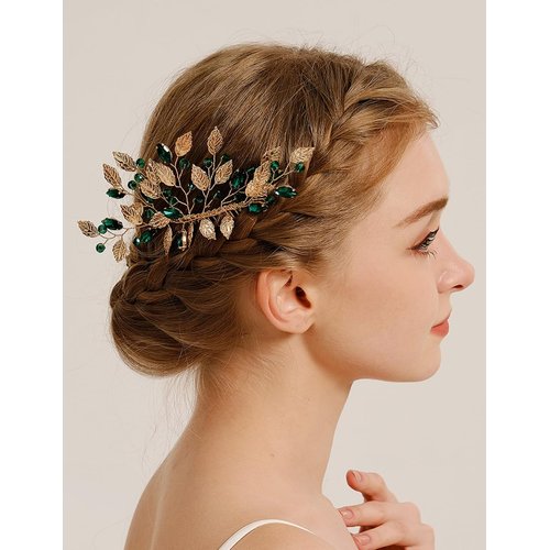 Teyglen Boho Gold Leaf Wedding Hair Comb Emerald Green Crystal Hair Comb Bridal Rhinestone Headpiece Hair Piece Hair Accessories for Women