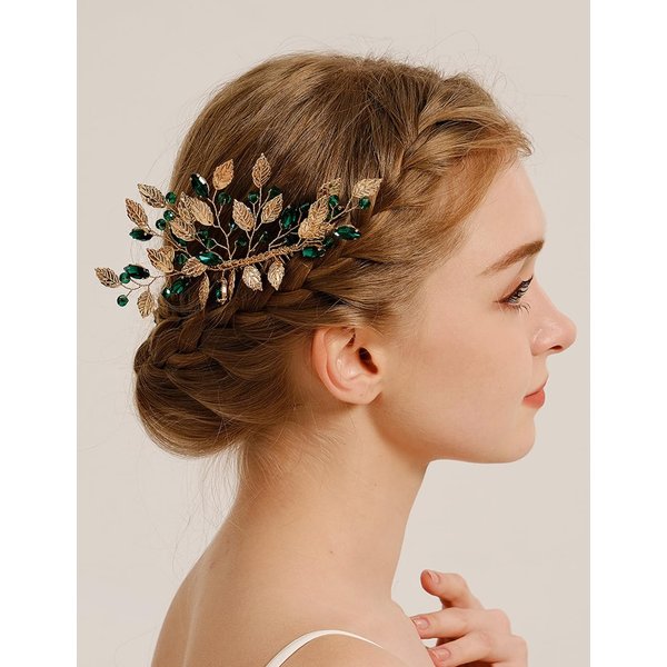 Teyglen Boho Gold Leaf Wedding Hair Comb Emerald Green Crystal Hair Comb Bridal Rhinestone Headpiece Hair Piece Hair Accessories for Women
