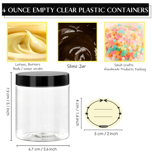 TUZAZO 8 Oz Plastic Container Jars with Lids and Labels BPA Free, Empty Round Clear Cosmetic Containers Plastic Slime Jars for Lotion, Cream, Ointments, Body Butter, Makeup, Travel Storage (12 Pack)