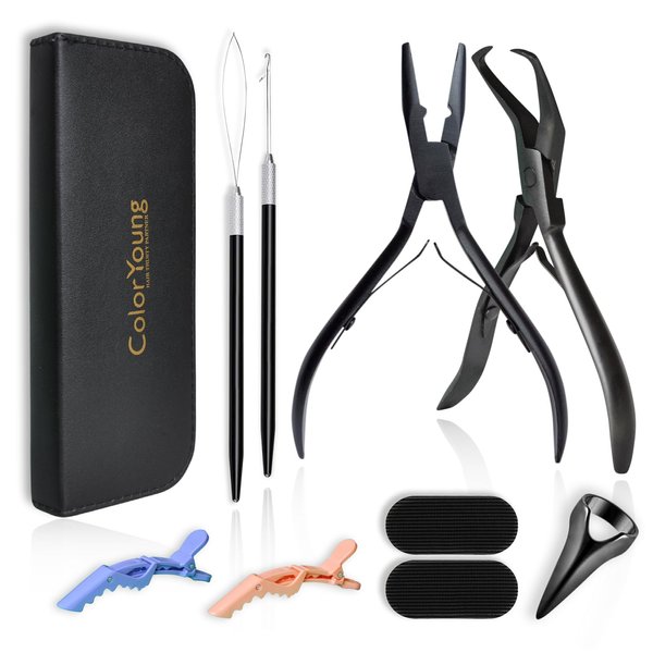 ColorYoung Hair Extension Tools Multi Functional Microlinks Hair Extensions Kit For Micro Bead Hair Extensions Hand Tied Extension Kit (Black)