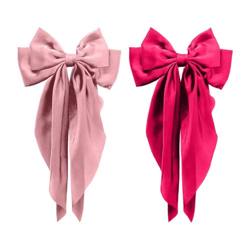 Hibasso 2-Piece Silky Satin Hair Bows Set for Women, Girls with Long Tails and Metal Clips – Aesthetic bow hair clip, Stylish Hair Accessories (Rose Red & Dusty Pink)