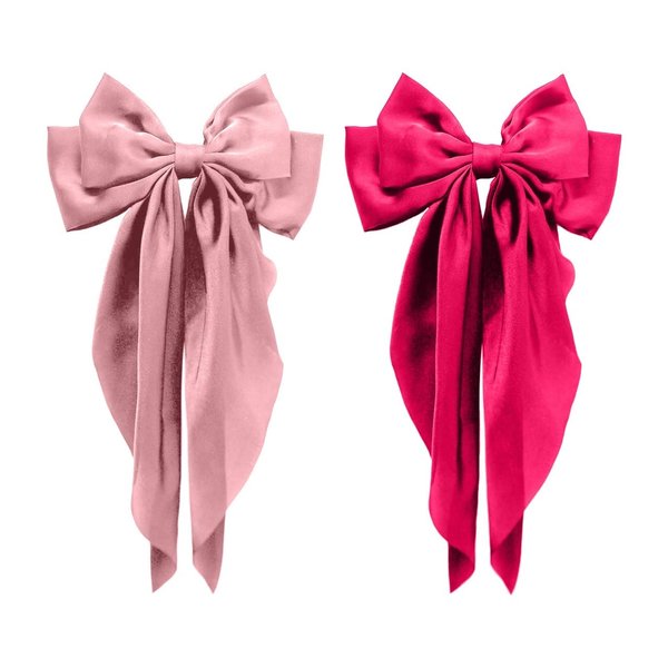 Hibasso 2-Piece Silky Satin Hair Bows Set for Women, Girls with Long Tails and Metal Clips – Aesthetic bow hair clip, Stylish Hair Accessories (Rose Red & Dusty Pink)