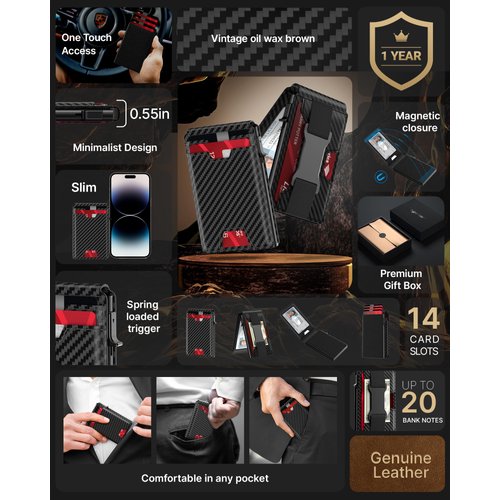 typecase Mens Wallet Card Holder: Pop Up Card Case, Genuine Leather, RFID Blocking, Smart, Slim, Minimalist, Thin - 13 Card Capacitiy, ID Window, Money Clip (Carbon Fiber)