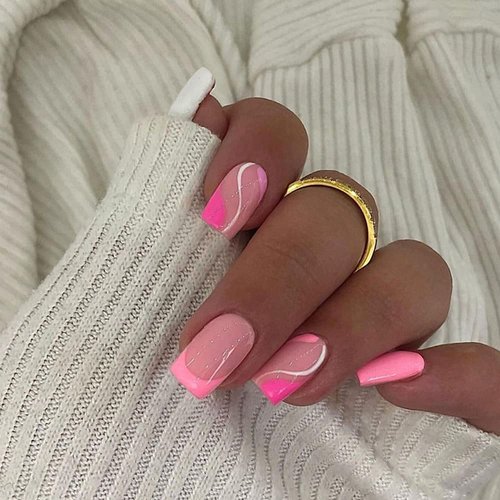 Short French Press on Nails With Design,KXAMELIE Hot Pink Square Shape Colorful Swirls French Tips Fake Nails,Glossy Gel Nails Press on,Full Cover Reusable Glue on Nails for Women Girls in 24 PCS