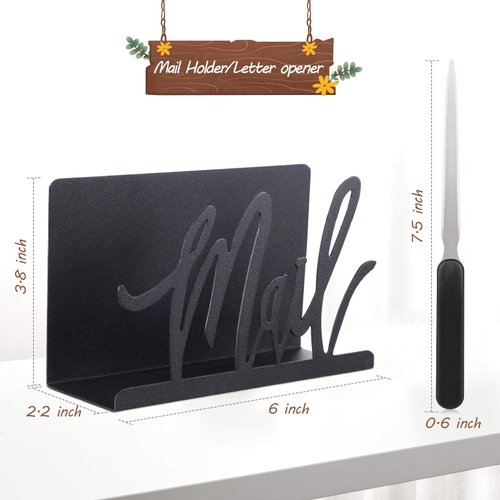 Mail Holder Black Metal Letter Sorter Tabletop Mail Cutout Organizer Mail Letter Document Stand with Letter Opener for Desktop Home Office School (Artistic Font)