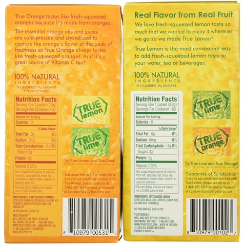 True Lemon and True Orange Dispenser Packets 100ct (2pk Variety) Natural Flavored Water Enhancer, Great Powdered Drink Mix for Paleo Diet, Atkin's Diet, or Other Diets. 100% Natural Drink Mix.