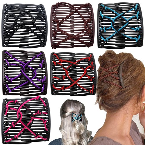 6 Pieces Stretchy Double Hair Combs - Magic Adjustable Elastic No Crease Bun Maker Accessories for Women's Curly, Thick, Wavy Hair Ponytails