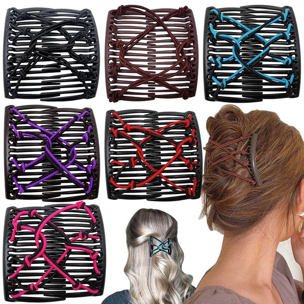 6 Pieces Stretchy Double Hair Combs - Magic Adjustable Elastic No Crease Bun Maker Accessories for Women's Curly, Thick, Wavy Hair Ponytails