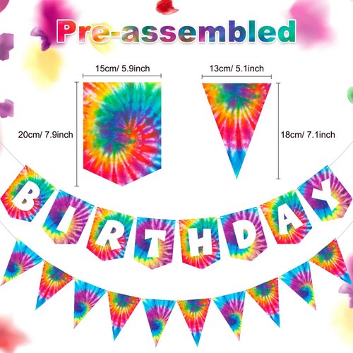 2 Pieces Tie Dye Birthday Party Supplies Happy Birthday Pennant Banner for Tie Dye Party Art Retro 60s 70s Theme Hippie Carnival Baby Shower Birthday Party Decorations