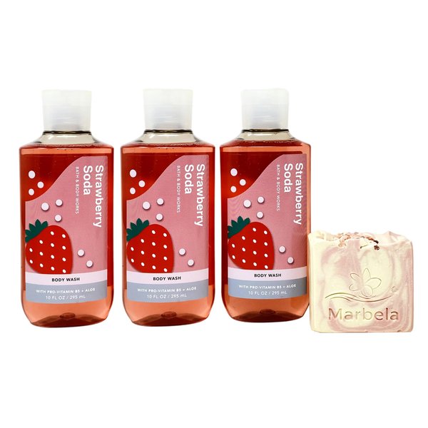 Bath & Body Works Strawberry Soda 3 Pack Body Wash Bundle with a Himalayan Salts Springs Bar Soap - Full Size