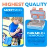 kinsho Stainless Steel Bento Box for Toddler Boys, Insulated Lunch Bag and Water Bottle Set for Toddlers. Snack Container for Small Kids, Baby Daycare or Pre-School Lunches, Blue Yellow Trucks