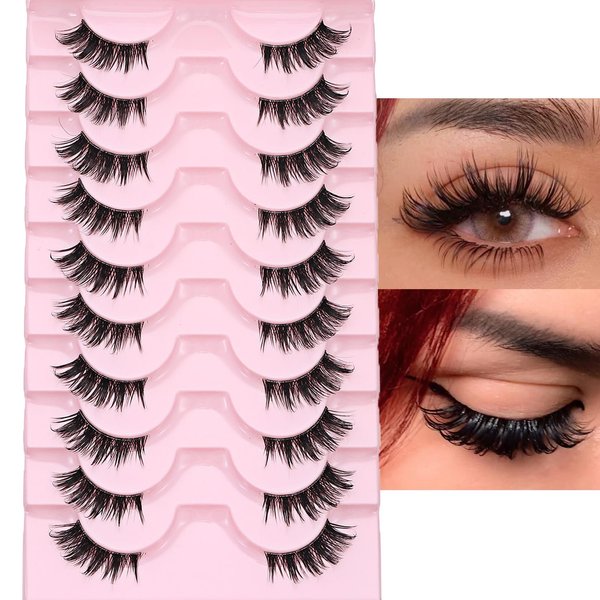 outopen 10 Pairs Half Lashes 3D Multi-Layers Fluffy Cat Eye Lashes Clear Band Natural Look False Eyelashes That Look Like Extensions 15mm Curl Volume Lashes Reusable (WET-02)
