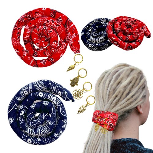2 pcs Handmade Spiral Lock Hair Tie Bendable Loc Tie Dreadlock Accessory Hair Bands Embedded Ponytail Holders Dreadlock Hair Tie Spiral for Women and Men Thick Curly Hair (Blue & Red Bandanna)