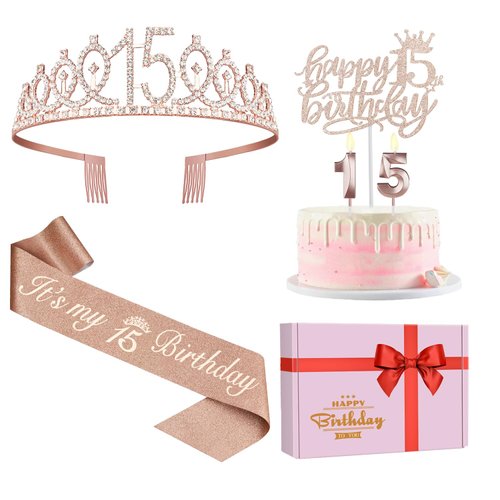 15th Birthday Decorations for Girls,15th Birthday Sash,Crown/Tiara,Candles,Cake Toppers.15th Birthday Gifts for Girls,15 Birthday Decorations for Girls,15 Birthday Party Decorations