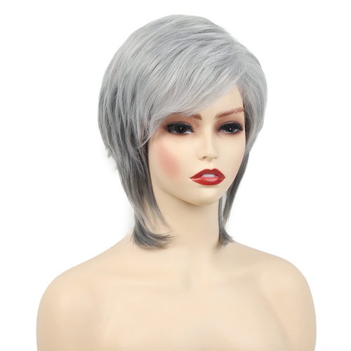 SEVENCOLORS Short Gray Wigs for Women Layered Pixie Cut Wigs with Bangs Natural Looking Synthetic Hair Wigs Short Silver Grey Wigs for White Women
