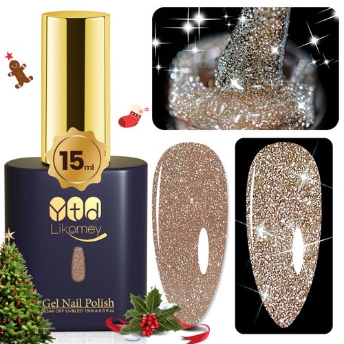 YTD Likomey Reflective Glitter Gel Nail Polish,15ml Champagne Gold Flash Diamond Shimmer Nails Gel,Christmas Winter Sparkly Shiny Salon Home Nail Art Manicure UV Nail Gel,SZ012
