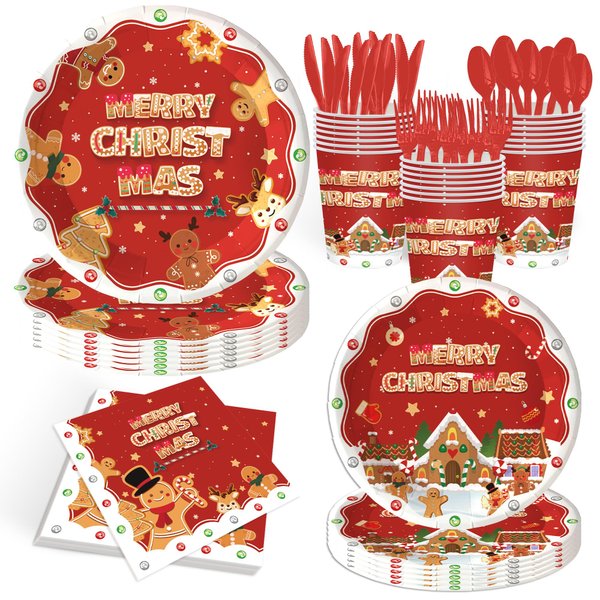 JLCFUTURE 140Pcs Christmas Gingerbread Party Decorations Tableware Set Christmas Gingerbread Party Supplies Gingerbread Man Paper Plate and Napkins Xmas Gingerbread Paper Plates, Serve for 20 Guest