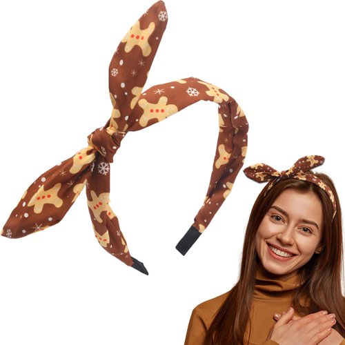 HIFANMM Christmas Headband Gingerbread Man Hair Band for Women Girls, Brown Bow Top Knot Hair Accessories Winter Non Slip Headbands New Year Xmas Party Supplies Decoration