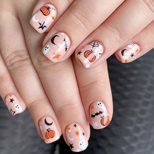 Halloween Press on Nails Short Square Ghost Fake Nails Halloween Pumpkin Ghost Bat Star Moon Gothic Design Acrylic Nails with Glue Halloween Full Cover False Nails for Women and Girls