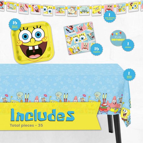 Spongebob Birthday Decorations | Spongebob Party Decorations | Spongebob Plates and Napkins for 16, Banner, Tablecloth, Sticker | Officially Licensed