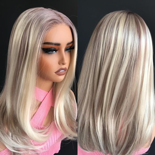 QDBOWIN 18" Wear Go Glueless Highlight Brown Lace Front Wig Natural Straight Glueless Ombre Brown Mixed Blonde Synthetic Wigs
