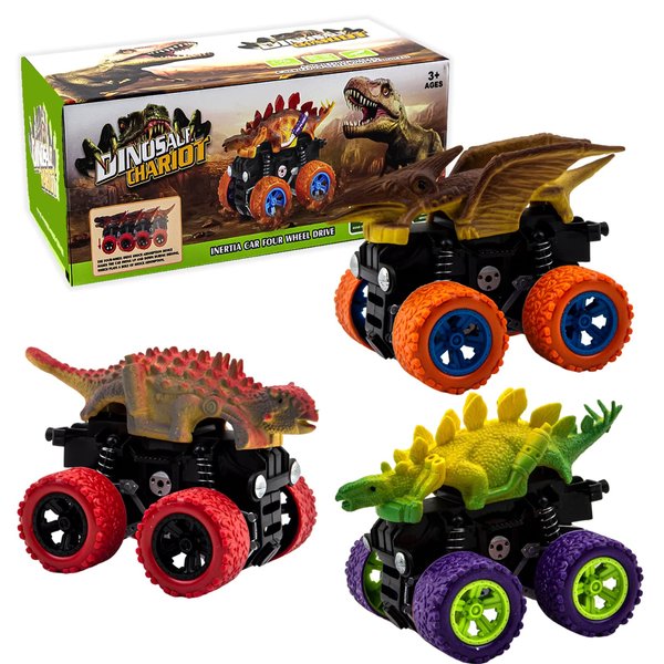 Dinosaur Monster Trucks for Kids Ages 3+,Pull Back Cars 4-Wheel Drive Friction Powered 3-Pack Push and Go Toy Monster Jam Cars, Truck Toy Birthday Gifts for Boys Girls Girls (Colored Dinosaur 1)