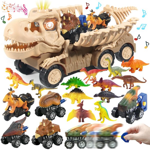 KAEGREEL Dinosaur Trucks Toys for Kids 3 4 5 6 7 Year Old Boys Playset with Dino Figures Pull Back Cars & Catapult Car Dinosaur Skeleton Transport Truck LED & Sound Dino Toys Gifts for Toddlers Xmas