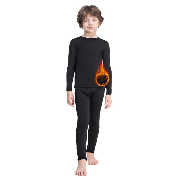 MANCYFIT Thermal Underwear for Boys Fleece Lined Long Johns Set Kids Base Layer Ultra Soft Black Medium