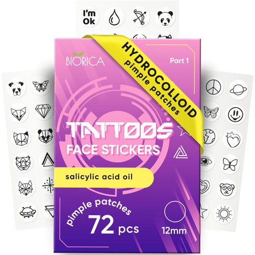 BIORICA Cute Acne Patches for Face. Hydrocolloid Pimple Patches for Face. Face Tattoo Stickers. 72 Black Pimple Stickers with Hydrocolloid. Zit patches. Zit stickers.