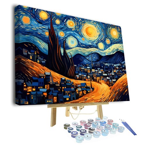 Paint by Starry Night Number Sky and Full Moon Over the Town Paint by Numbers for Adults Abstract Style Adult Paint by Numbers Kits on Canvas DIY Frame Paint by Numbers for Adults Beginner 16x20inch