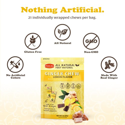 Pocas Lemon Ginger Chews - Sweet and Zesty Ginger Chew, Individually Wrapped Low-Calorie Snacks, Ginger Candy Made with Pure Cane Sugar, 3 Oz Ea (Pack of 4)