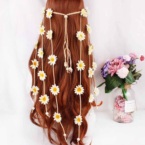 Women Lady Handmade Gypsy Hippie Sunflowers Headdress Fascinator Headband Floral Crown Bohemian Flower Headwear Headpiece Hairband (Beige)