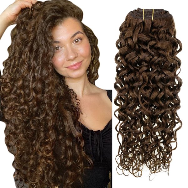Hetto 14'' Clip in Extensions Wavy Human Hair Natural Curly Clip in Hair Extensions 7Pcs 105g +20g #4 Dark Brown Hair Extensions Clip in Human Hair Extensions Curly Hair