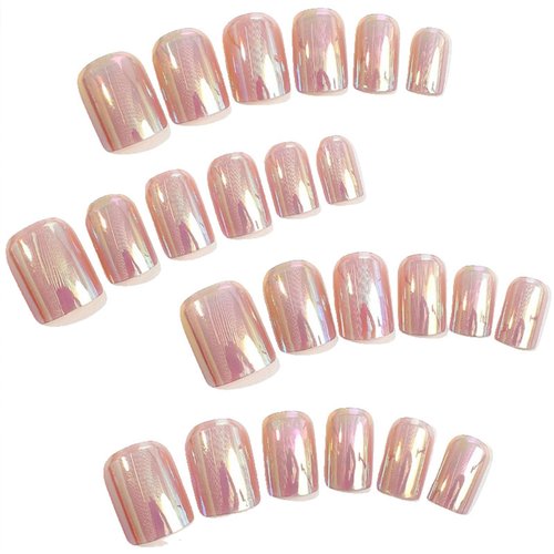 Chrome Press on Nails Short Square Fake Nails with Chrome Designs Glossy Glue on Nails Press ons Full Cover False Nails Acrylic Artificial Short Stick on Nails for Women 24 Pcs