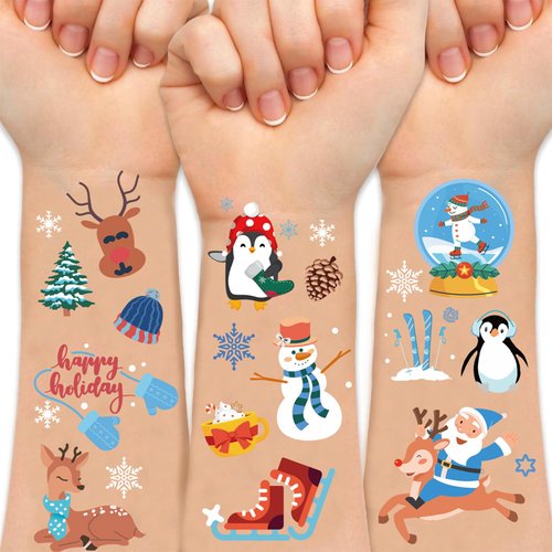 Kistreao 100Pcs Winter Temporary Tattoos Christmas Fake Tattoos Cute Santa Claus Snowflake Snowman Tattoos Stickers for Adult Kids Body Face Decorations Christmas Winter Holiday Party Supplies