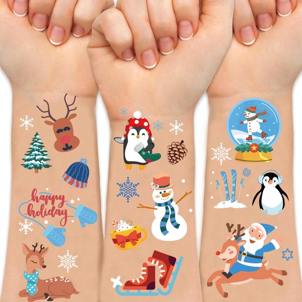 Kistreao 100Pcs Winter Temporary Tattoos Christmas Fake Tattoos Cute Santa Claus Snowflake Snowman Tattoos Stickers for Adult Kids Body Face Decorations Christmas Winter Holiday Party Supplies