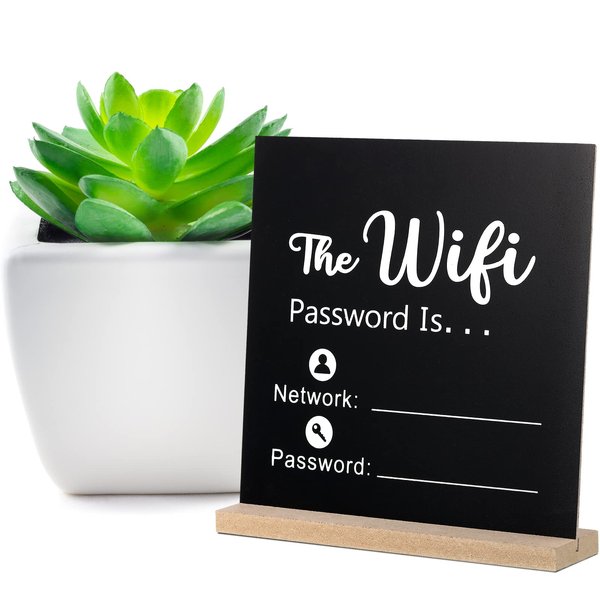 Outus Wooden WiFi Pattern Sign Chalkboard Style WiFi Pattern Password Sign Board Freestanding Centerpiece Decor Wooden Framed Sign for Home Business, 8.46 x 8.46 Inches (WiFi Password Theme)