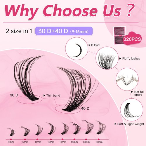 URNNE DIY Lash Extension Kit, 9-16mm Mix 30D 40D Eyelash Extensions Kit, 320pcs Individual Eyelash Clusters, Lash Clusters Kit with Bond and Seal, Remover, Tweezers