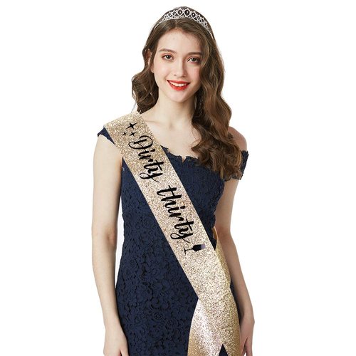 "Dirty Thirty" Sash & Rhinestone Tiara Set - 30th Birthday Gifts Birthday Sash for Women Fun Party Favors Birthday Party Supplies (Gold Glitter with Black Lettering)