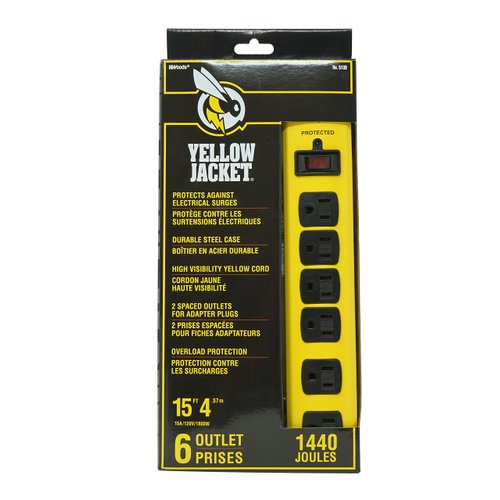 Yellow Jacket 5138N 5138 Strip, 15-Foot Cord, Jacket, 15' 1440J Metal, 6-Outlet Surge Protector, Yellow/Black, Ft